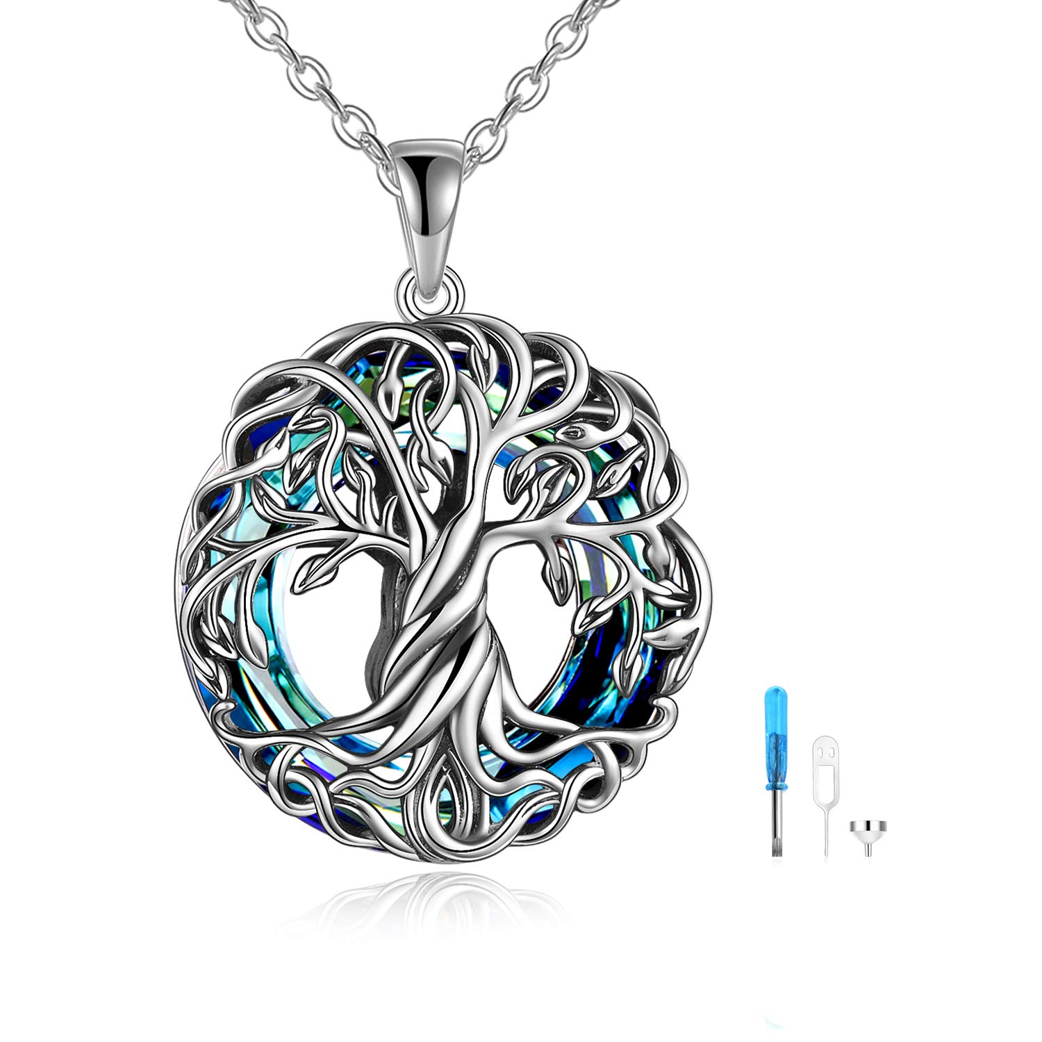 TOUPOP Ashes Jewellery Ashes Keepsake Memorial Gifts Bereavement Gifts Sterling Silver Tree of Life Pendant Necklace Crystal Cremation Jewellery for Women Ashes Urn Necklace for Dad Mum Dog Pet