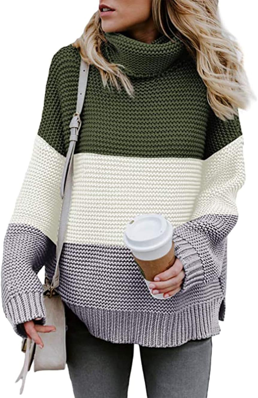 Damen Strickpullover Oversize - Gestreifter College-Style Winterpulli Mit Rundhals