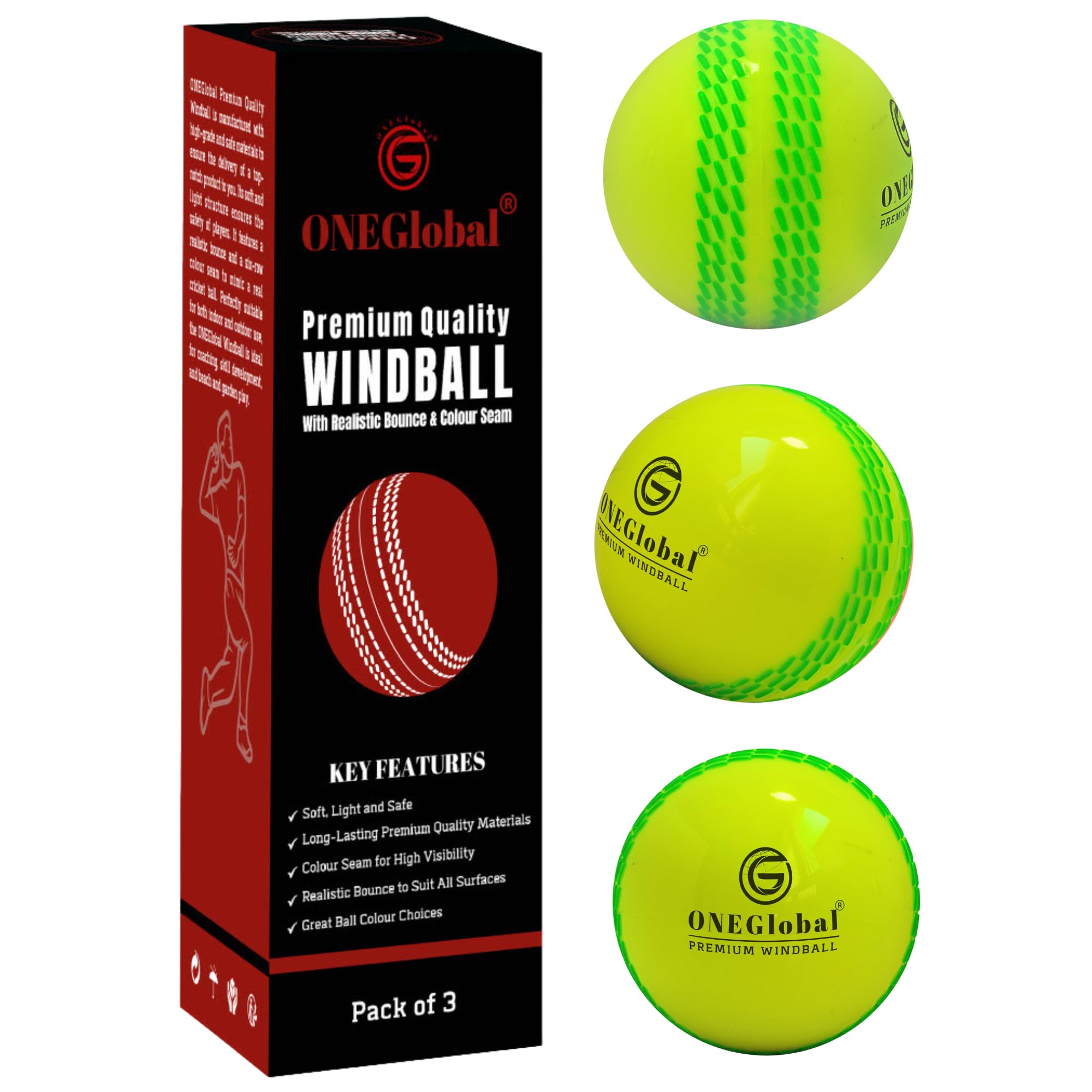 ONEGlobal Premium Windball Soft Cricket Ball | Durable & Safe, Colour Seam, True Bounce & Swing | Wind Ball for Outdoor & Indoor Practice, Coaching, Garden & Beach Games (3-Fluoro Yellow)