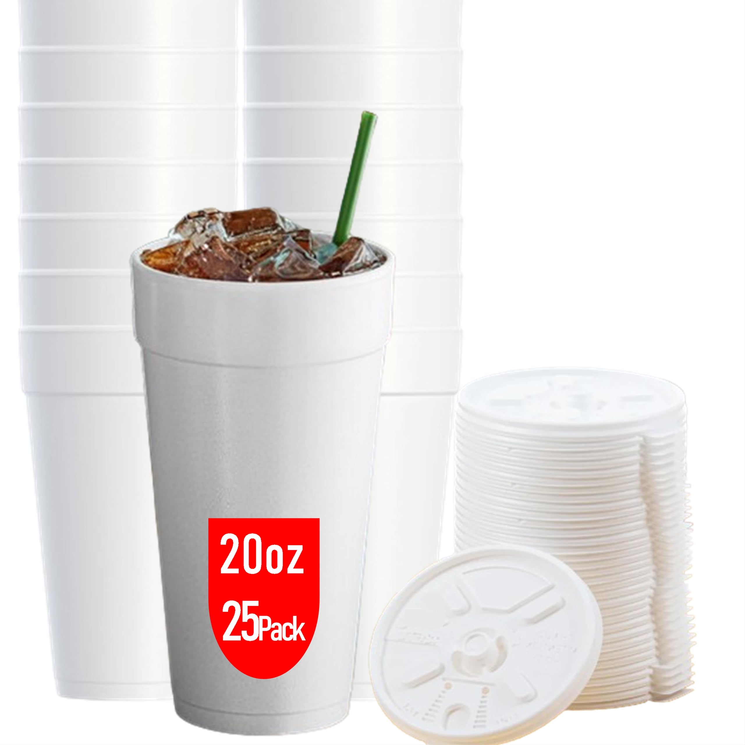 Photo 1 of 20 OZ Foam Cups With Lids for Hot & Cold Drinks, USA-Made 25-Pack. Ideal Styrofoam Coffee Cups, Insulating To-Go Cups for Soda, Tea, Juice - Sturdy, Disposable & comparable to Industry standard 20J20