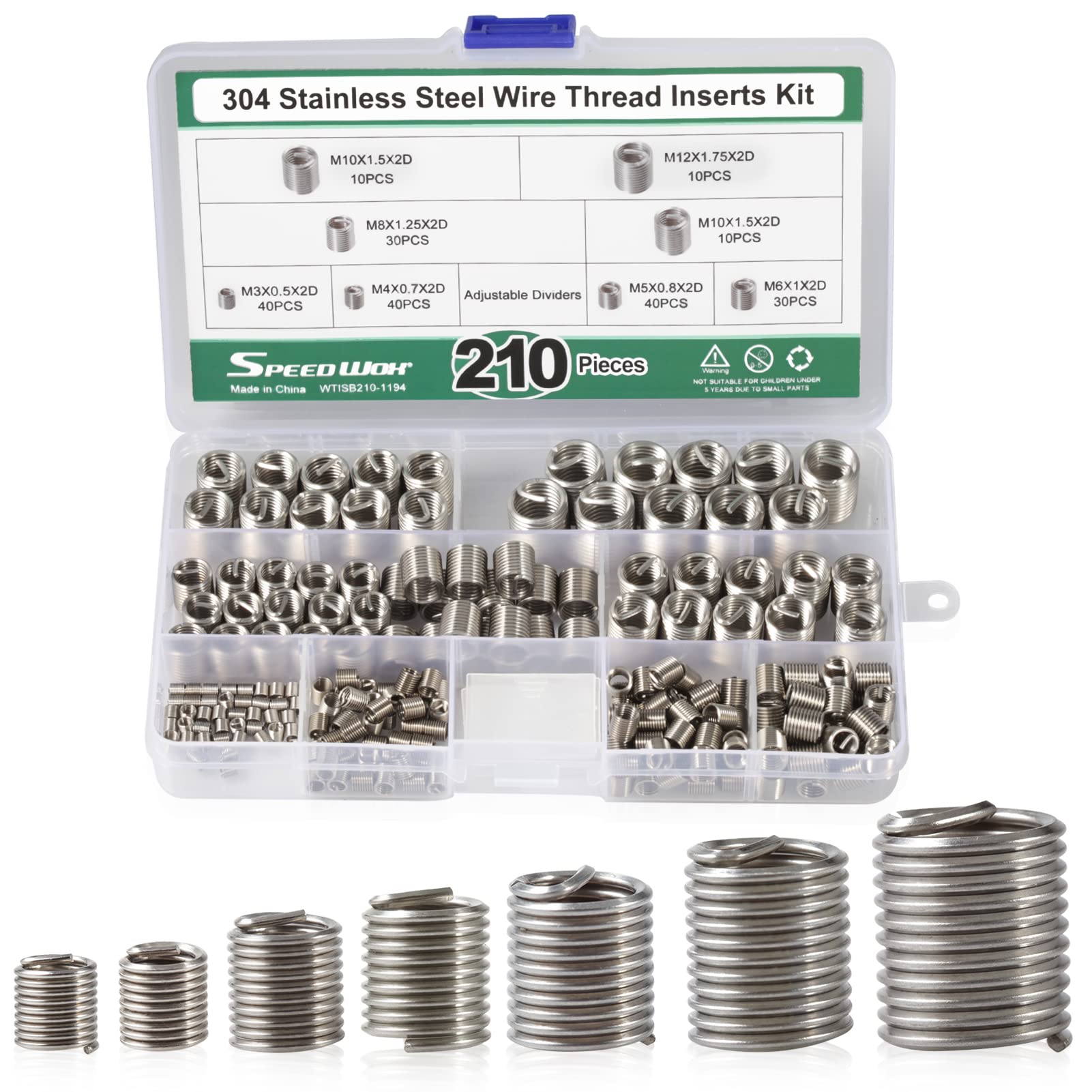SPEEDWOX 210 Pcs Wire Thread Insert Steel Sheath 304 Stainless Steel Helicoil Type Screw Repair Sleeve Assortment Kit with Plastic Storage Box