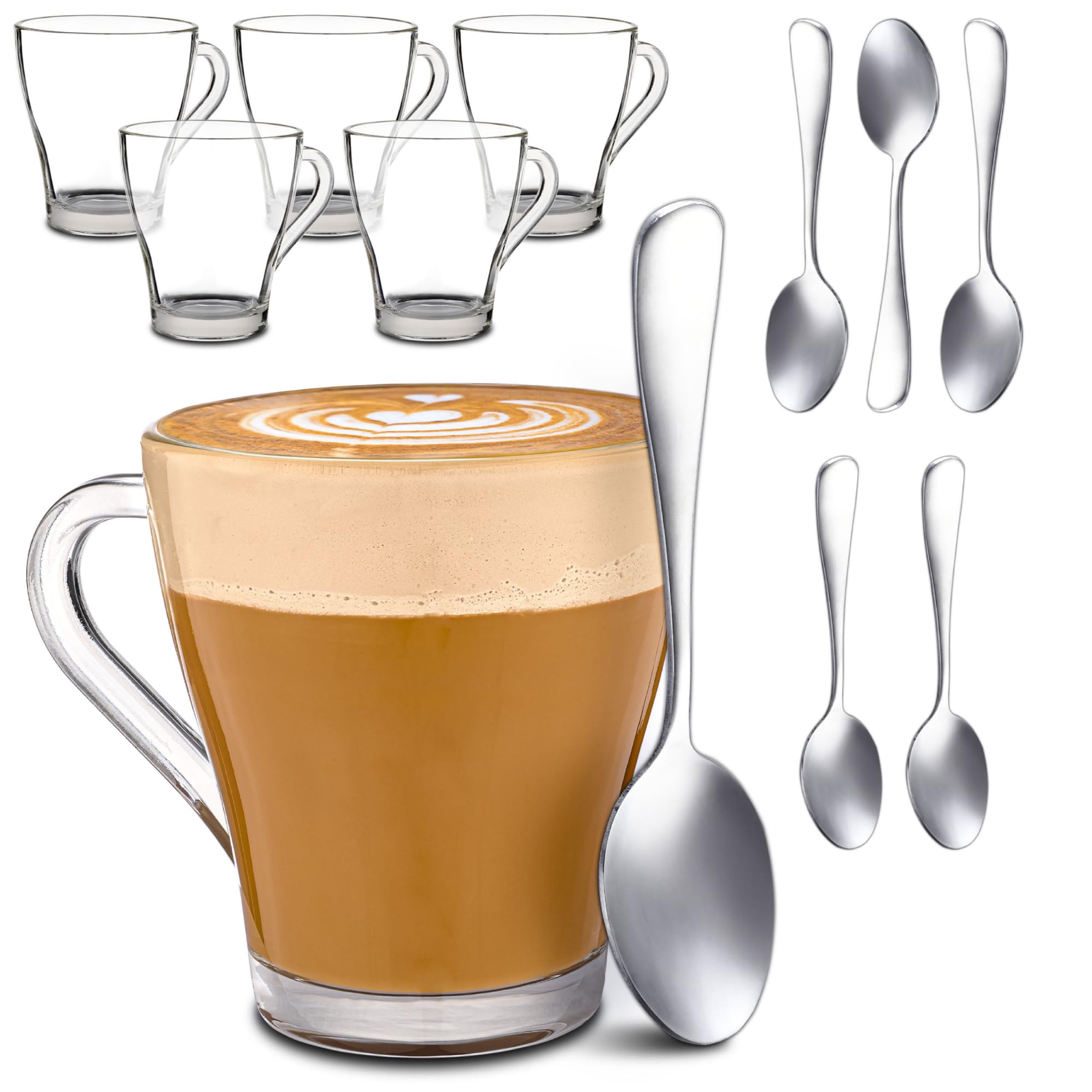 Cosumy Set of 6 Cappuccino Glasses with Spoons - 250ml Heat-Resistant Glass Coffee Mugs, Dishwasher Safe - Ideal for Coffee, Tea, Hot Chocolate