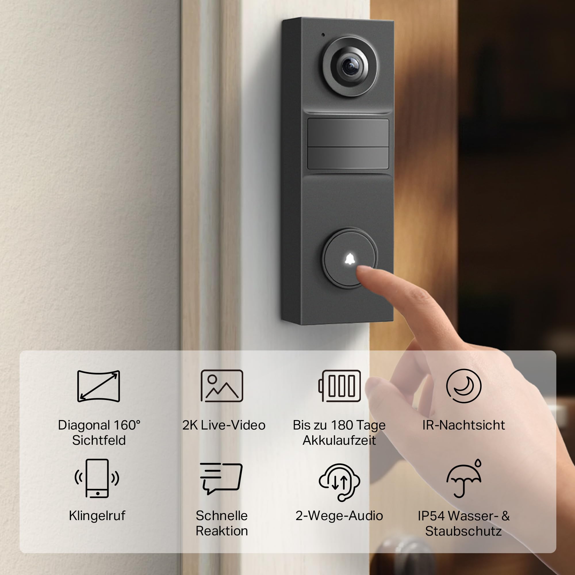 Tapo D205 Akku-Videotürklingel | WLAN Türklingel mit Kamera | 2K, 160° Weitwinkel, Zwei-Wege-Audio | Integrierter Akku | Lokale Speicherung auf microSD & H500 HomeBase | Kompatibel Solarpanel 2