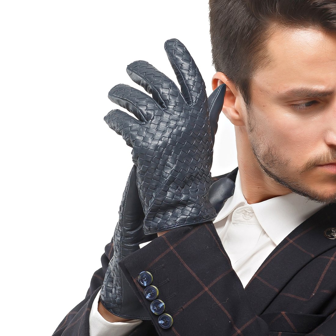 Nappaglo Guantes de cuero de napa genuinos para hombre con pantalla táctil, guantes de ciclismo de conducción cálidos de invierno tejidos a mano (M (circunferencia de la palma: 8-8.5), azul marino oscuro (pantalla táctil)