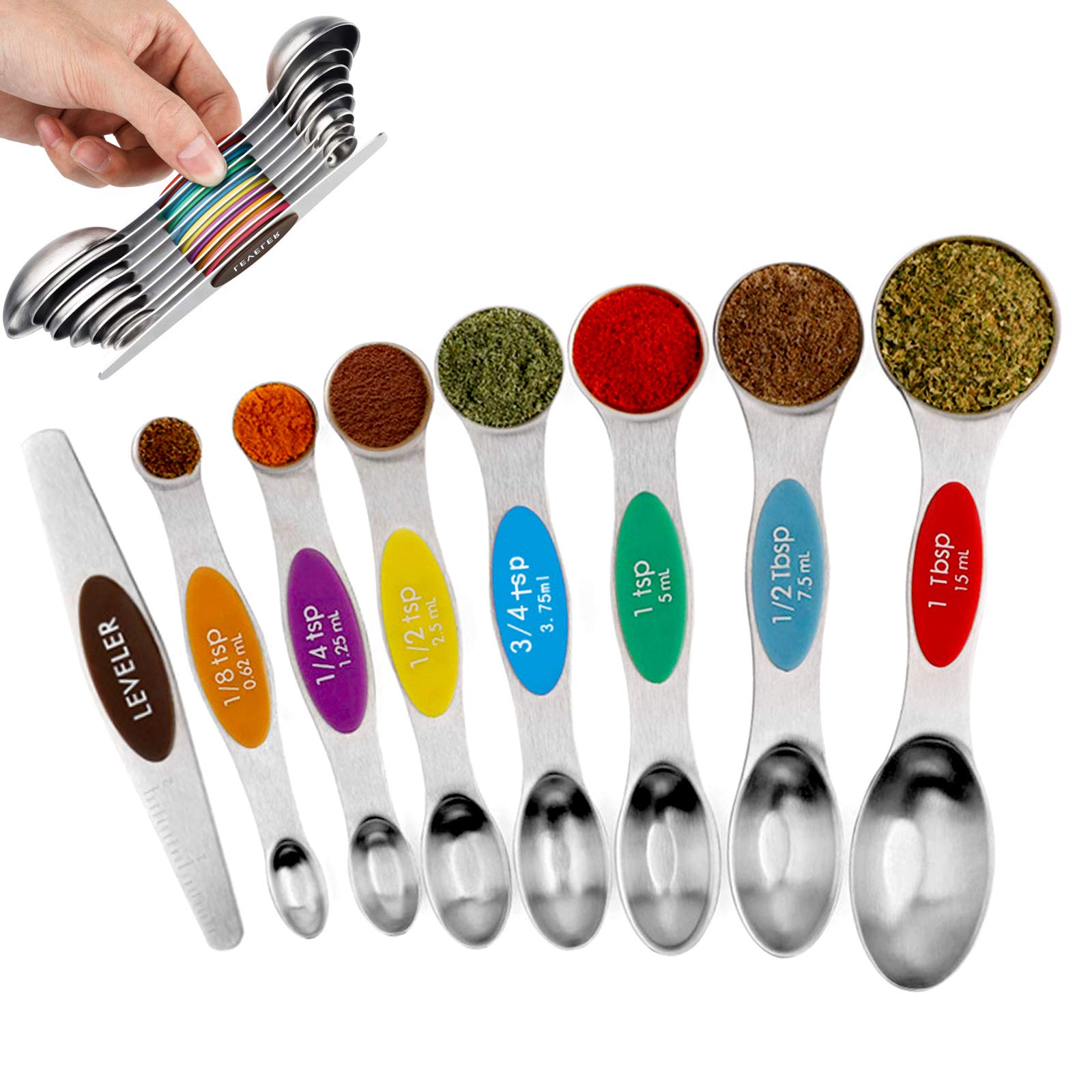RBNANA Magnetic Measuring Spoons Set (8 Pcs), Dual Sided Kitchen Stackable Stainless Steel Teaspoon Measuring Spoons with 1 Leveler for Accurate Measure Dry and Liquid Ingredients