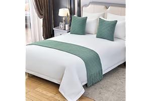 QQXX Cotton Knit Bed Runner,Knitted Throw Blanket with Tassel,Decorative Bedding Scarf Cover,Solid Color Woven Sofa Throw Bed Runner for Hotel Home Double Single King Size Bed(King 26x102inch, Green)