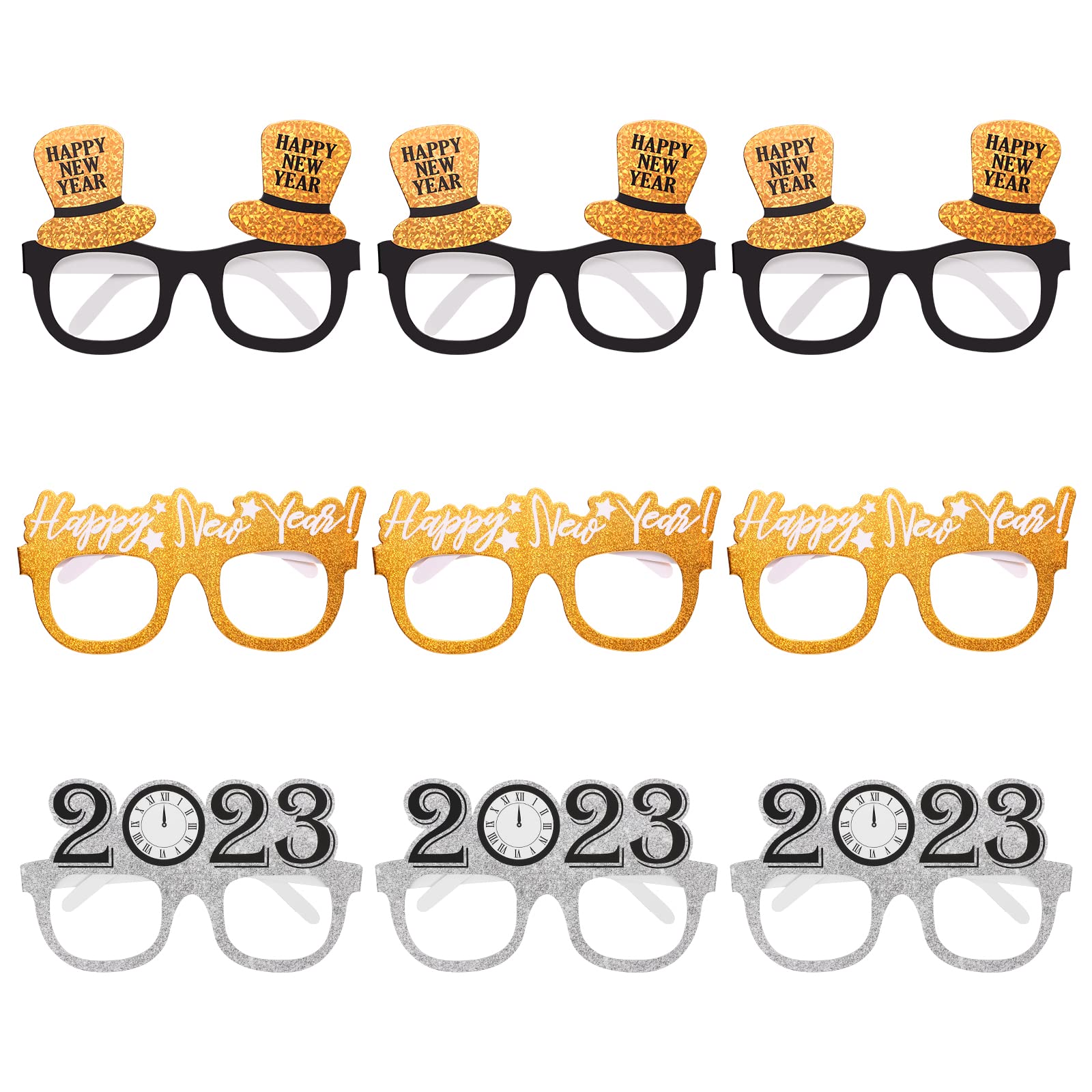 ABOOFAN 9PCS Glitter 2023 Number Glasses 2023 Eyeglasses Happy New Year Party Favor Glasses Photo Booth Props for 2023 Celebration Party (Golden Silver and Black),