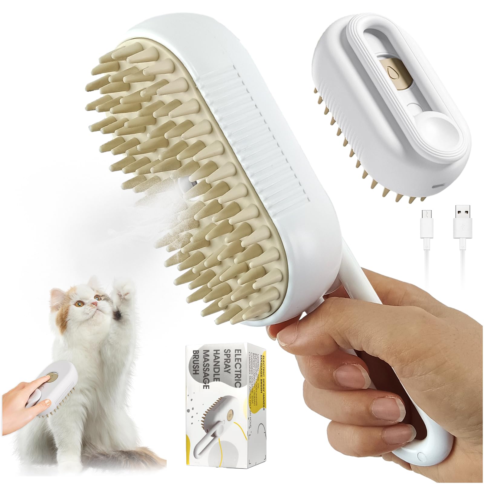 A Rechargeable 3 in 1 Multifunctional Cat Grooming Brush - Self Cleaning Steam Brush for Massage and Pet Hair Removal