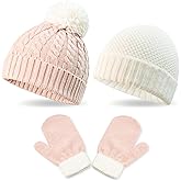 3 Pack Kids Winter Warm Beanie & Mittens Set, Soft Cable Knit Hat For Children's Toddler Baby, Cozy Girls Boys Cap & Gloves