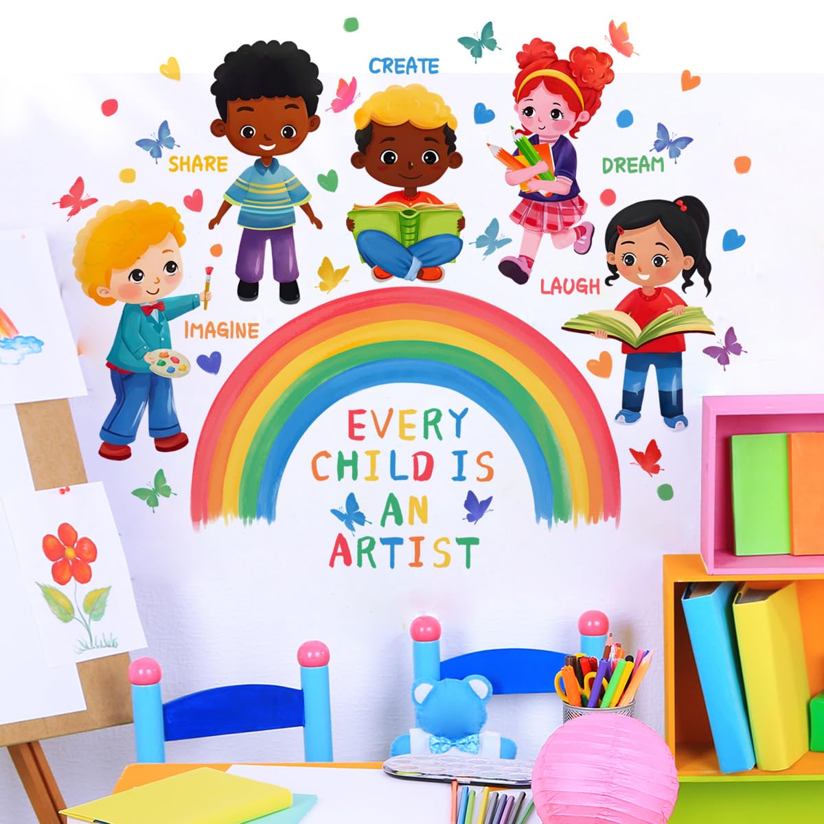 Every Child is an Artist Wall Stickers for Classroom, Rainbow & Diverse Kids Wall Decals with Inspirational Words, Peel and Stick Educational Wall Art for Playroom, Vinyl Stickers in Gift Box