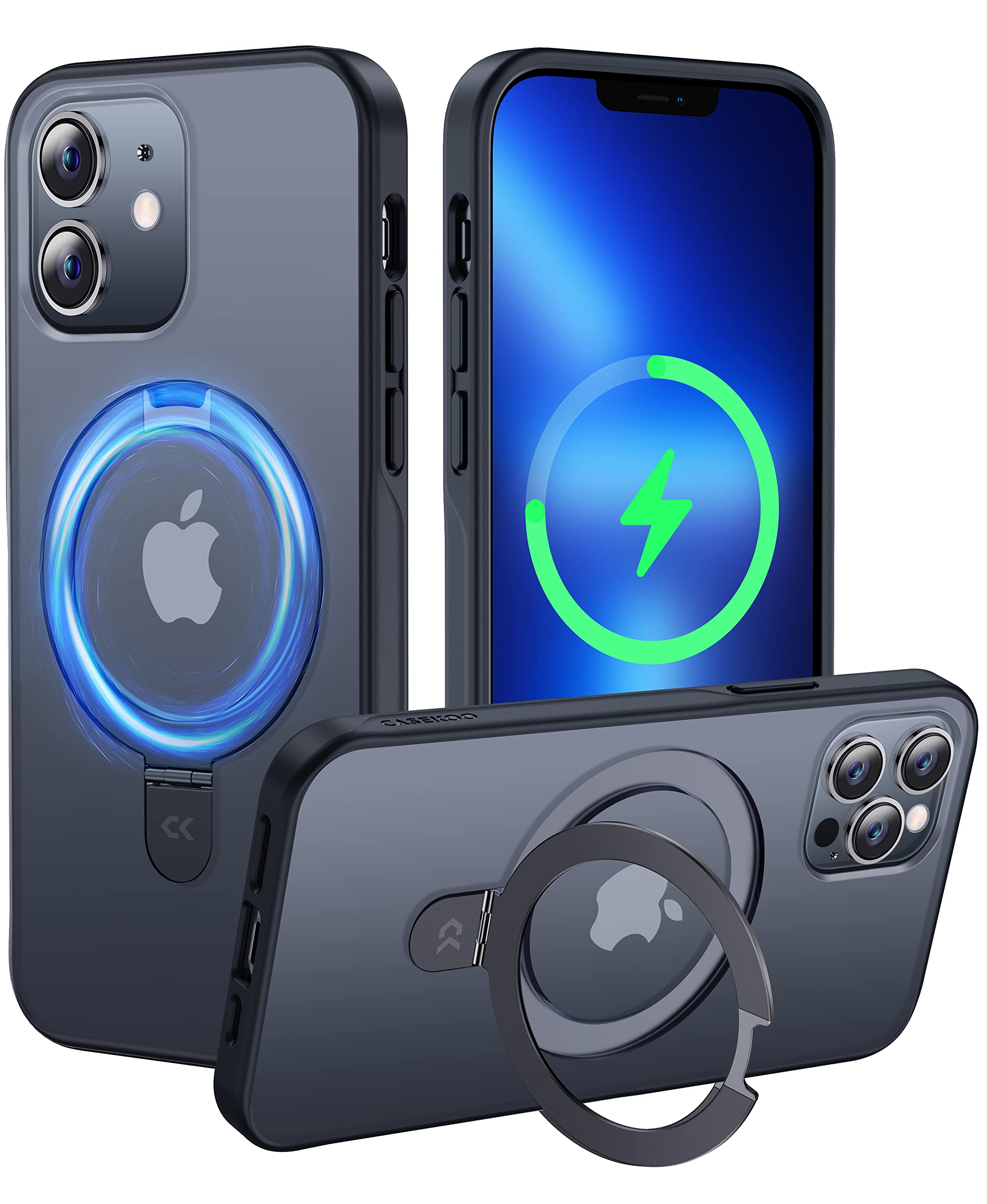 CASEKOO Designed for iPhone 12 Pro/iPhone 12 Case with Magnetic Invisible Stand [Military Drop Protection] [Compatible with MagSafe] Shockproof Slim Translucent Matte Case 6.1 Inch, Black
