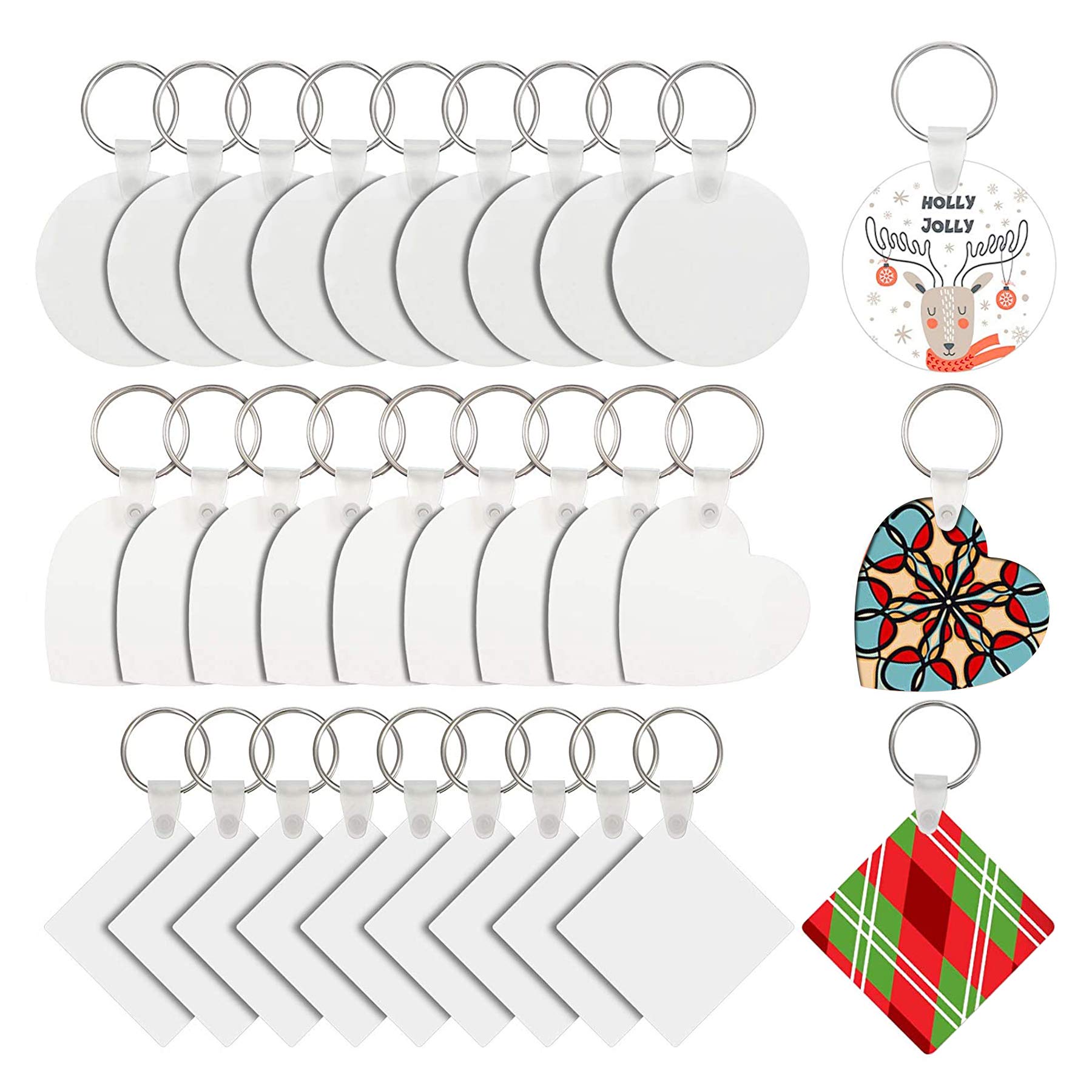 Allazone 30 Sublimation Blanks, 3 Shapes Heat Transfer Double-Sided, Blank Sublimation Keychains for DIY Craft Supplies