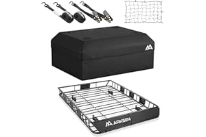 ARKSEN 54 x 39 x 5 Inch Upgrade Universal Roof Rack with Waterproof Bag, Cargo Net&2 Ratchet Straps - 150Lbs Capacity Heavy Duty Rooftop Cargo Carrier with Extension for Car, SUV & Pickup