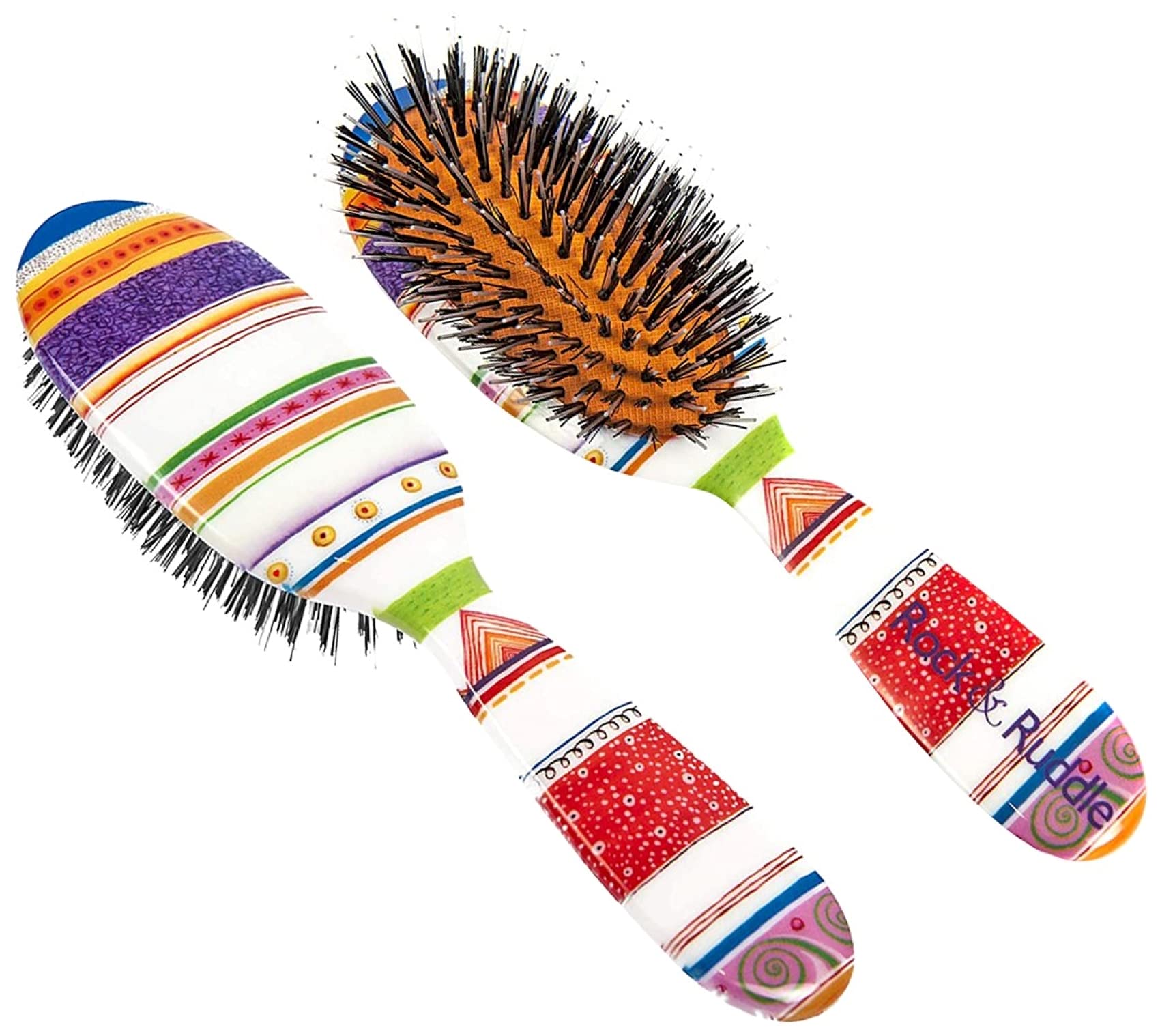 Rock & Ruddle Natural Mixed Boar Bristle Hair Brush for Women and Kids (Small/Travel Size, 17.5cm) - Perfect for Wet or Dry Hair, Detangling Smoothing Blowdrying - Made in UK - Folio Society Stripe Design