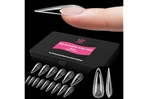 Qiek Long Stiletto Pre-Building Nail Tips, 15 Sizes 240 PCS Pre-shaped Apex Clear Soft Press On Fake Nail Half Matte Gel Nail Extensions Strong Thick Acrylic Tip for DIY Beginners & Salon Manicure