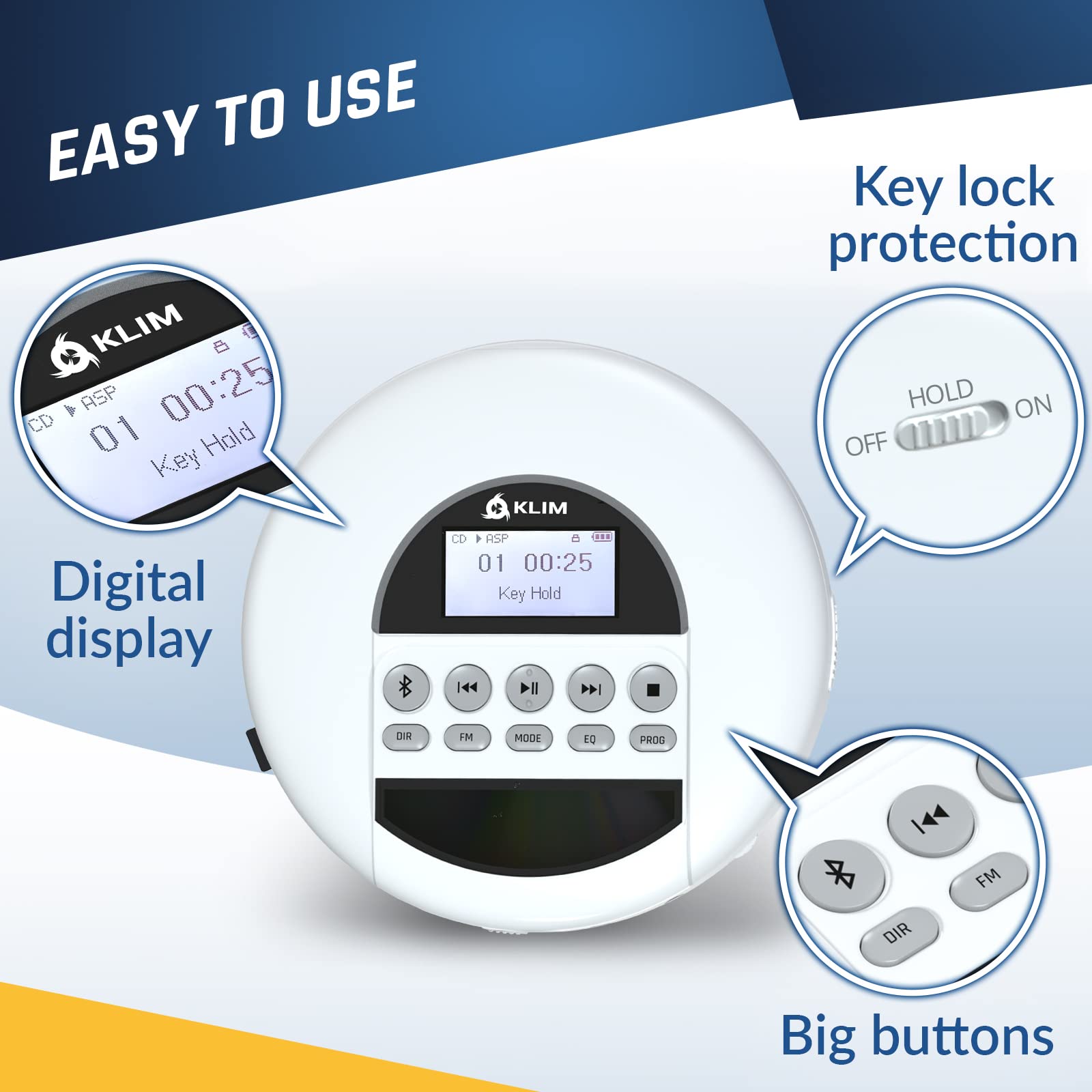 KLIM Nomad - New - Portable CD Player with Long-Lasting Battery - with Headphones - Radio FM - Compatible MP3 CD Player Portable - TF Card Radio FM Bluetooth - Ideal for Cars - White