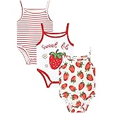DREAMHALO 3 Pack Newborn Baby Girls Bodysuit Cami Bodysuits Summer Infant Sleeveless Viscose from Bamboo Jumpsuit Red Strawberry 3-6M