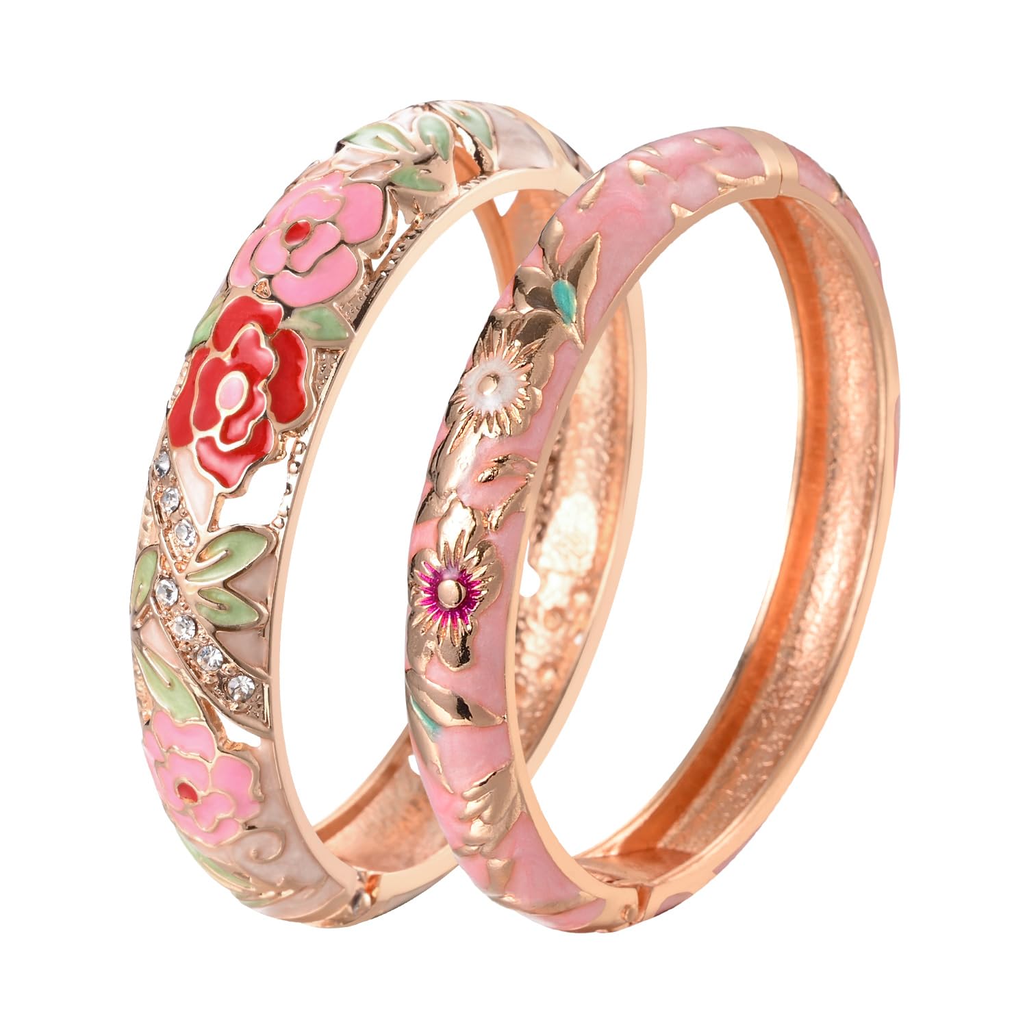 UJOY Enamel Bangle for Women, Rose Floral Vintage Bracelet for Lady Jewellery keepsake 2 Pcs Pink Ceramic Bracelet with Bracelets Box Mothers Day Presents