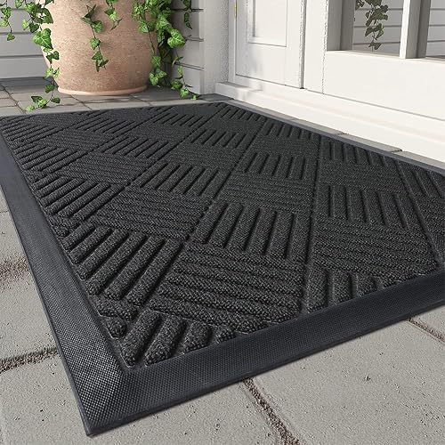 Front Door Mat Outdoor Indoor Welcome Mat Non Slip Rubber Doormat Absorbent Entryway Rug Entrance Mat Entry Rug Dirt Scraping Shoe Mat Black 43X75cm