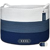 COMSE Extra Large Blanket Basket, Woven Laundry Basket, 21.7”x 13.8”, Nursery Hamper, Cotton Rope Laundry Hamper Living Room for Storage Toys Clothes Towels (White & Cadet Blue & Navy Blue)