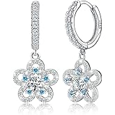S925 Sterling Silver Flower Drop Hoop Earrings with Blue Cubic Zirconia Sparkling Floral Flower Hoop Earrings Cartilage Jewelry Women's Wedding Birthday Party Gift Daughter
