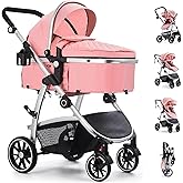 Hagaday Baby Stroller, 2-in-1 Reversible Toddler Seat with Bassinet Mode, Foldable Infant Stroller with Canopy, One Button Brake, Adjustable Handle, Newborn Pushchair(Pink)