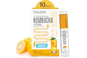 TEAZEN Citron Kombucha Tea, Hydration Drink Mix, Sugar Free, Live Probiotics & Prebiotics, 10 Sticks, 1.76oz