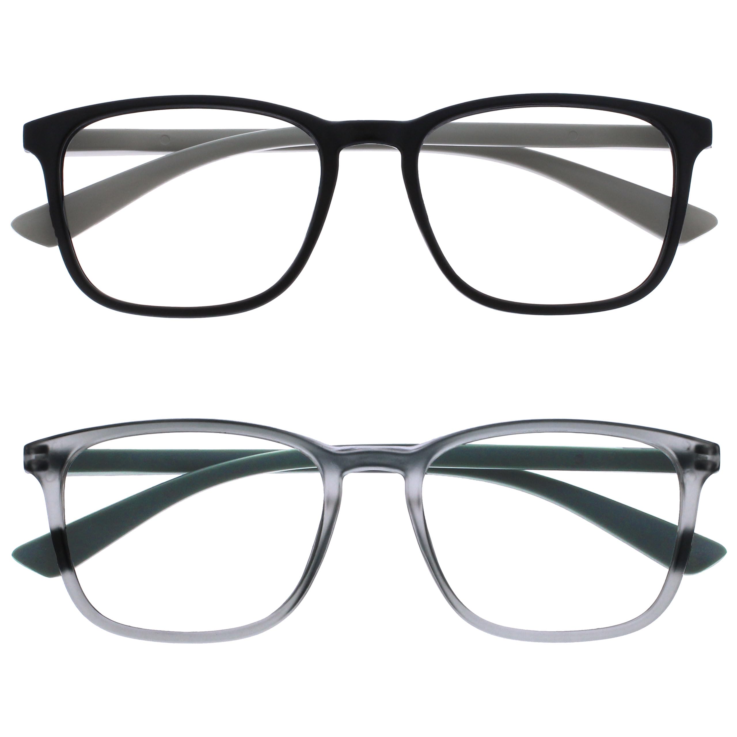 OPULIZE Max Reading Glasses 2 pack - Classic Large Rectangular Frame - Matt Black Grey - Men's Women's Unisex - Spring Hinges - RR78-17 - +2.00