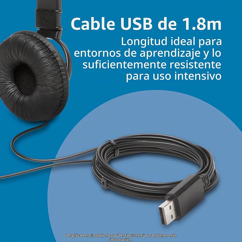 K97601WW - Auriculares USB-A Con Micrófono, Sonido Estéreo Hi-Fi, Controladores 40 Mm, Supresión De Ruido, Diadema Ajustable Acolchada, Cable 1,8 M, Compatibles Con Windows Mac Chromebook