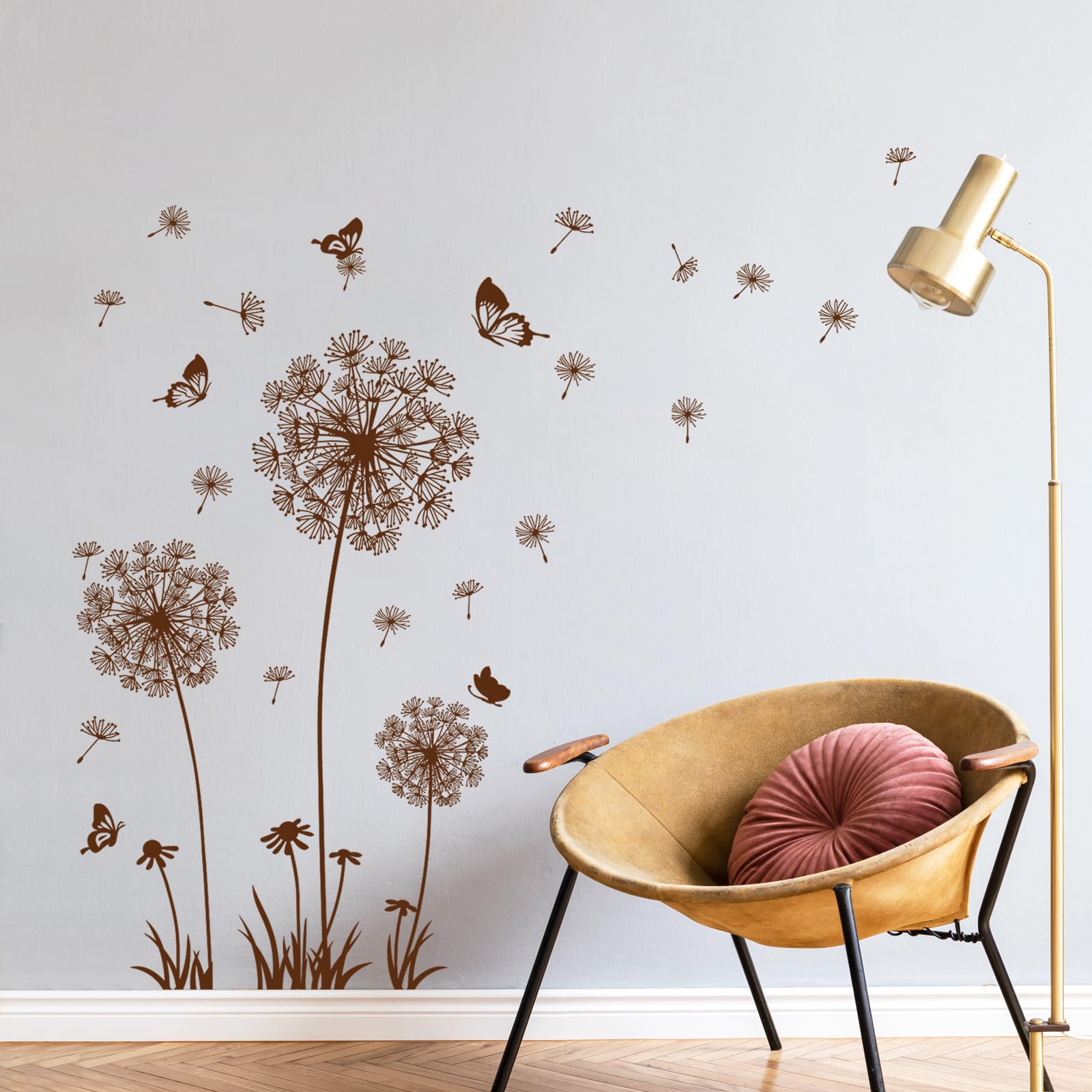 Tanlaby Dandelion Wall Stickers, Brown Flowers Butterflies Wall Decals, Wall Art Stickers for Bedroom Living Room Sofa Backdrop TV Wall Decor