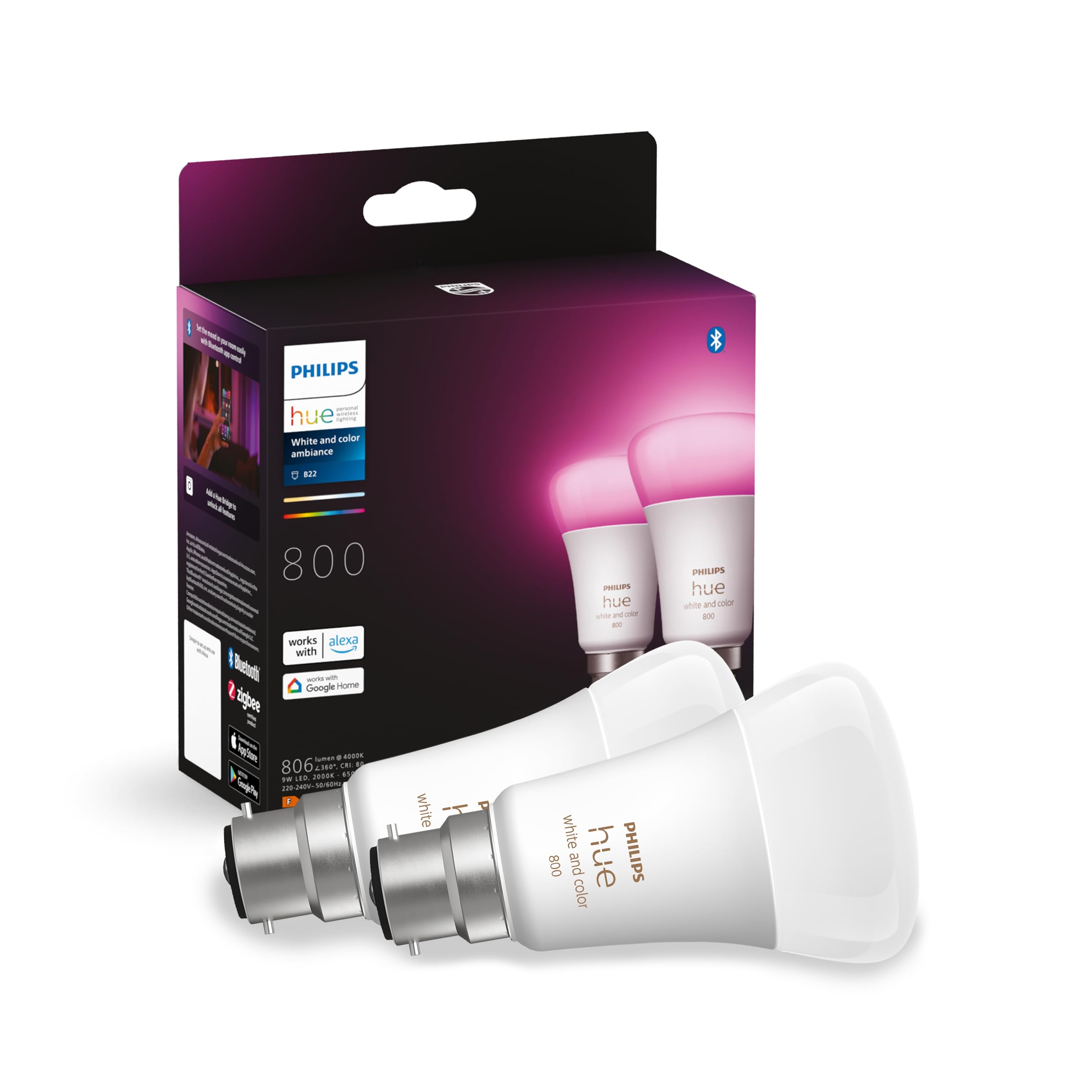 Philips Hue White and Colour Ambiance Smart Bulb Twin Pack LED [B22 Bayonet Cap] - 806 Lumens 60W Equivalent. for Home Indoor Lighting, Livingroom and Bedroom, 2 Count (Pack of 1)
