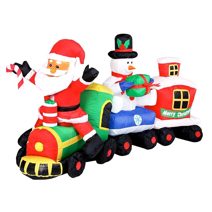 XXL LED WEIHNACHTSZUG+SANTA+SCHNEEMANN~210 CM LANG~SELBSTAUFBLASEND~INFLATABLE~LED BELEUCHTET+12V GEBLÄSE INKL. NETZTEIL 220V