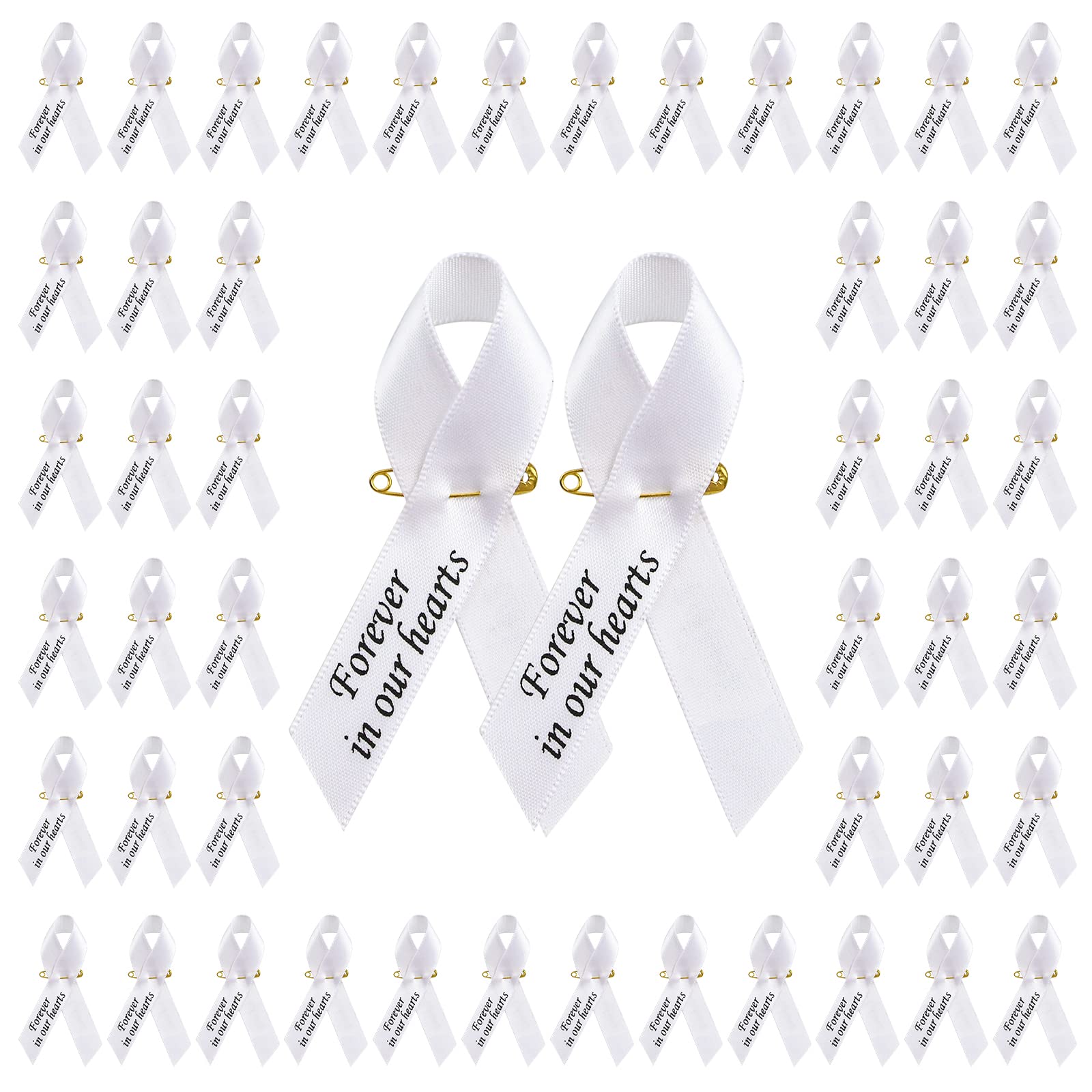 CRAFFANCY WANDIC 100pcs White Ribbon Pins Lung Cancer Awareness Badges Pulmonary Carcinoma Brooch Memorial Ribbon Badges in Forever in Our Hearts for Funeral Mourning Event Bereavement Remembrance