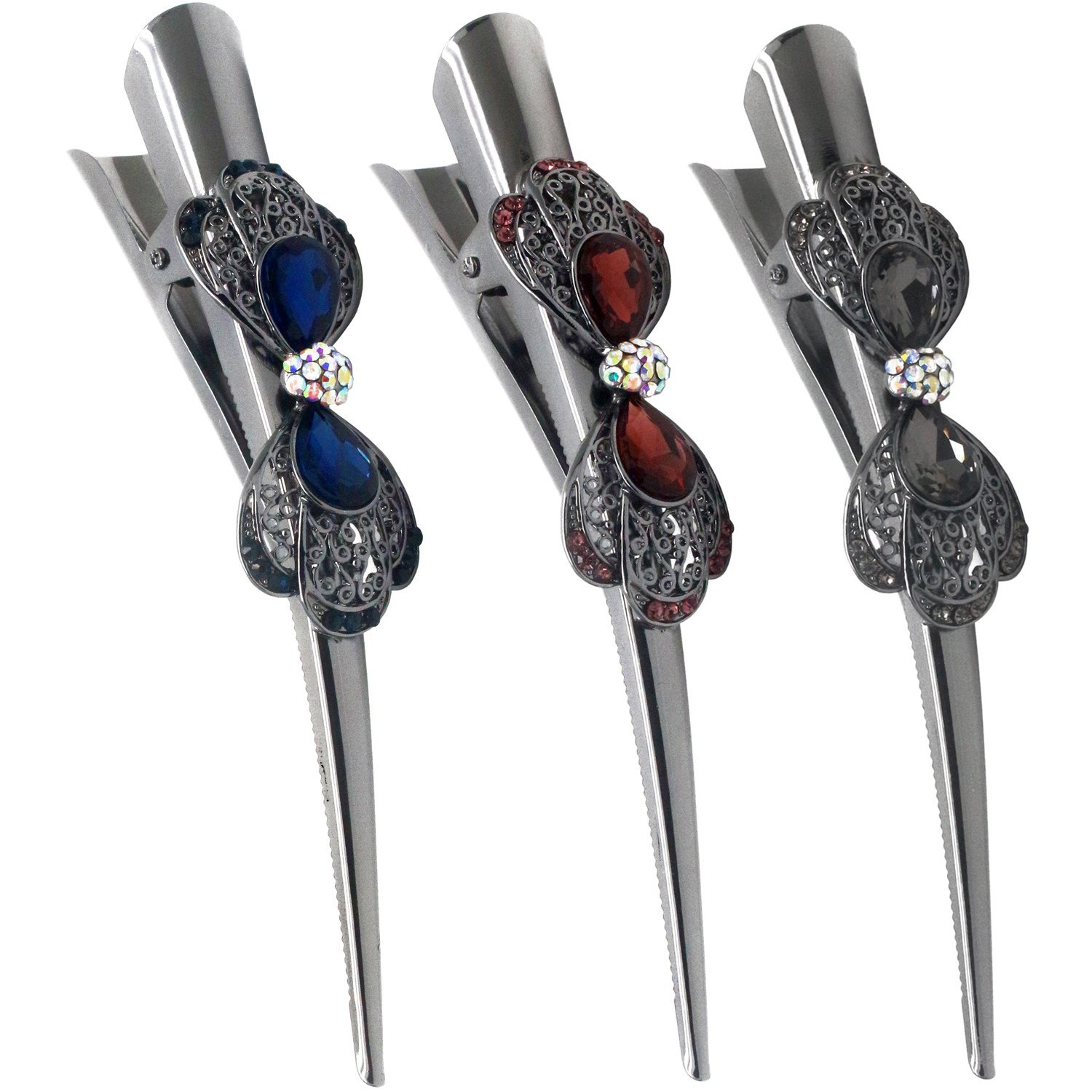 HOLLIHI Set of 3 Large Metal Alloy Alligator Sectioning Clips for Women and Girls - Pretty Strong Clamp Hair Pins Non-Slip Hair Grips Accessories for Thick Hair, Silver Gray (Shell)