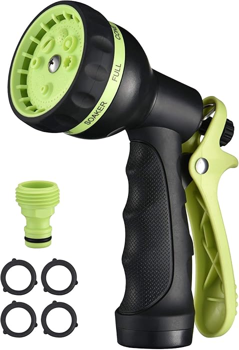 Homitt Garden Hose Nozzle, 8 Sprayer Patterns Hose Nozzle, Heavy-duty Anti-slip Hose Nozzle, High Water Pressure Spray Gun, Labor-saving for Garden/Home/Pet/Car, 4 Rubber Rings, 1 Quick Connector