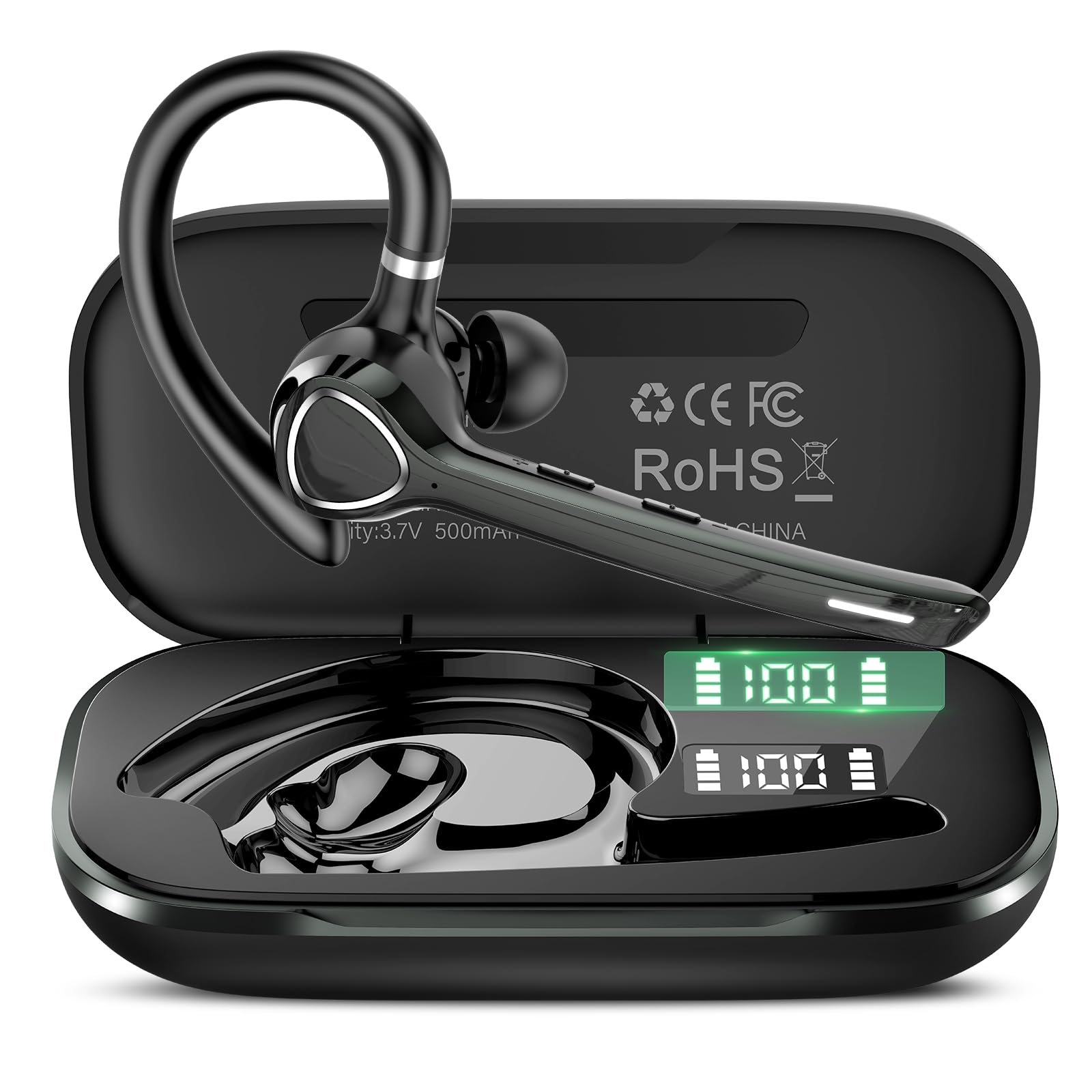 Bluetooth Headset with APTX HD Audio, Wireless Hands-Free Earpiece with CVC 8.0/ENC Dual Mic, Mute Button & Dual Device Connection, 90H Playtime Single-Ear Headphone for Trucker, Business, Black