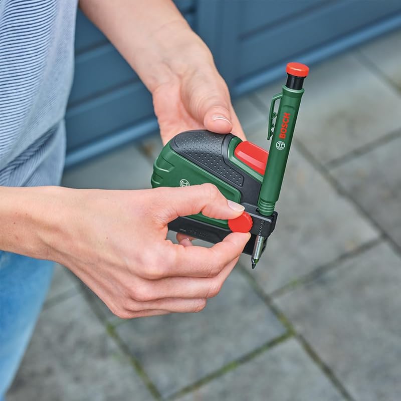 Fita métrica Bosch 5 m + lápis marcador (com clipe de lápis, fecho automático, revestimento de nylon, espaçamento de 2 m, régua métrica, alta precisão, clip de cinto, cabo macio) Amazon Edition