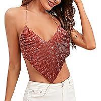 Women Shiny Rhinestone Spaghetti Strap Crop Top Sexy Crystal