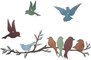 Ferraycle Metal Bird Wall Art Birds on the Branch Decor Metal Sculpture Silhouette Ornament Branch Wall Hanging Sign for Balcony Garden Home Decor(Cute Colors)