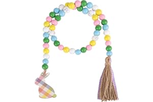 ONCOFAN Easter Wood Bead Garland, 38.6" Spring Wood Beads Garland with Tassel, Wooden Beaded Easter Boho Decor Farmhouse Rustic Hanging Decorations for Home Room Wall Tiered Tray Shelf, Plaid Bunny