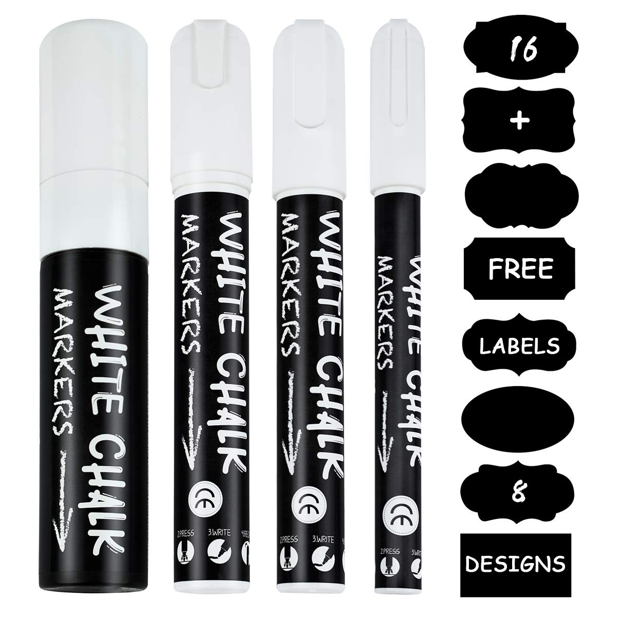Ulifeme White Chalk Marker Pens, 3mm, 6mm, 10mm and 15mm Chalk Markers, Dry or Wet Wipe Liquid Ink Pen, 4pcs Chalks Set + 16pcs Chalkboard Lables, Thin, Medium & Large Tip for Blackboards and Windows