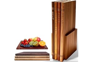Wooden Book Cutting Board Set, 3/4 Piece Acacia Wood Chopping Boards with Stand, Meat Bread Vegetables/Fruit Engraved, Kitche