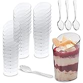 Open Cut Slanted Round Dessert Cups - 3 ounce - 40 Count - Spoons Included - Clear Plastic - Slanted Cylinder Mini Dessert Cup - Appetizer Cup - Tasting Glass-Sample Shot Glass -Disposable or Reusable