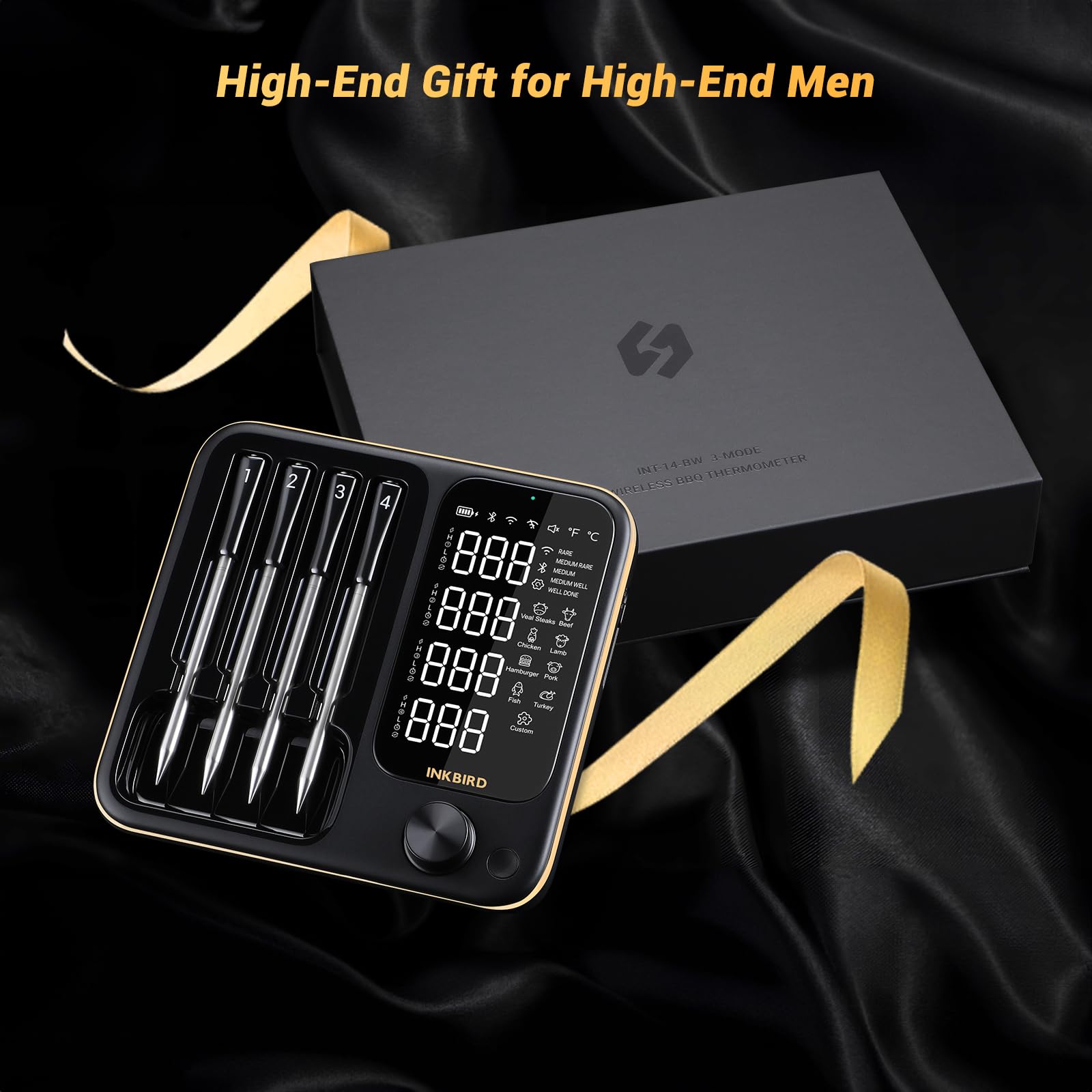Inkbird INT-14-BW Fleischthermometer kabellos, Smart Grillthermometer WIFI 2.4G und Bluetooth 5.4 Signal 91m, Backofenthermometer Thermometer für Ofen, Grill, Smoker, Rotisserie Airfryer Ofen 8