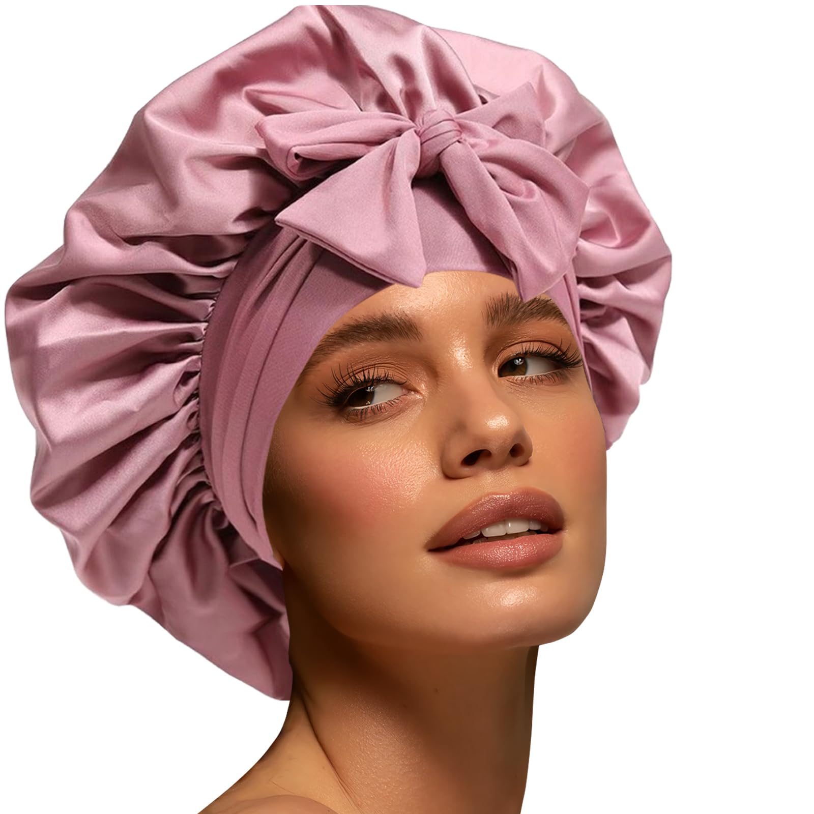Photo 1 of Silk Bonnet for Women, Satin Bonnet for Sleeping, Large Sleep Cap with Elastic Tie Band for Curly Hair (Bean Paste Pink)