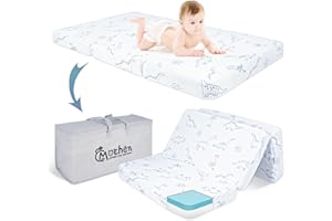 Mochen Trifold Pack and Play Mattress, 38x26 Dual-Sided Memory Foam Pack N Play Mattresses for Baby Toddlers, Portable Travel Crib Mattresses with Removable Dinosaurs Cover & Carry Bag