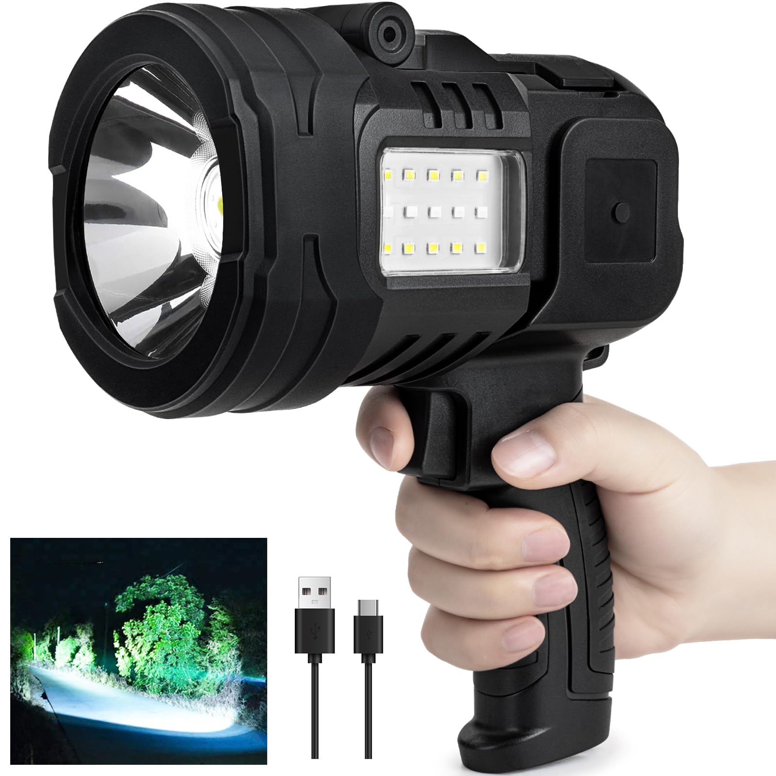 Photo 1 of Lylting Rechargeable Spotlight Flashlight, 90,000 Lumens Super Bright Spotlight Outdoor with Cob Light & USB Output, Lightweight Handheld Led Spot Light for Hunting Boating Camping