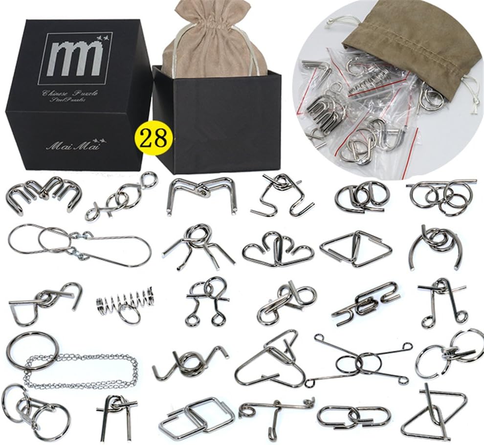 Intermediate Difficulty -28 Pieces Thicker Metal Wire Brain Teaser - Assembly & Disentanglement Puzzles Toys - Magic Trick Toys Puzzles Set - Ideal Gifts Kids Adults
