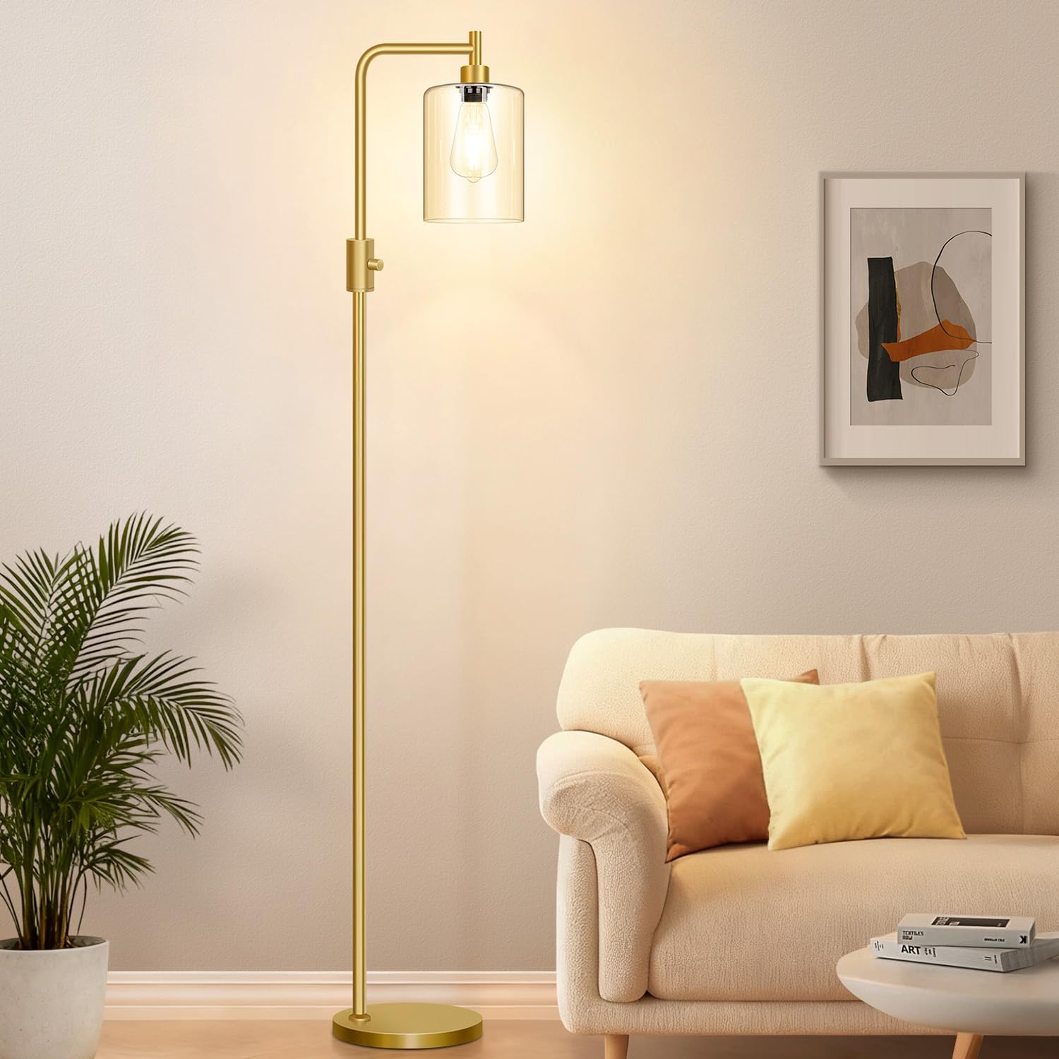 Photo 1 of ?Upgraded?Dimmable Gold Floor Lamp for Living Room with Clear Glass Lampshade, Glass Modern Floor Lamp with 900LM Edison Bulb Included, Standing Tall Lamp for Bedroom, Office, Reading Room, Corner