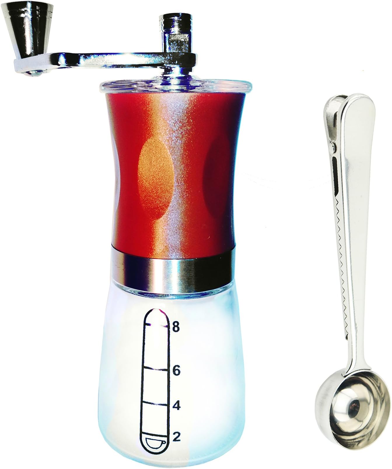 Manual Coffee Grinder with Stainless Steel Coffee Spoon (Brown) | Conical Burr Mill | Black Pepper Mill | Ceramic Burr and Glass Jar | On sale